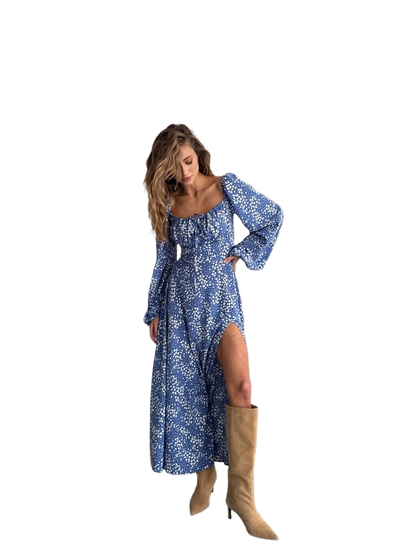 Blue Floral Long Sleeve Maxi Dress with High Slit