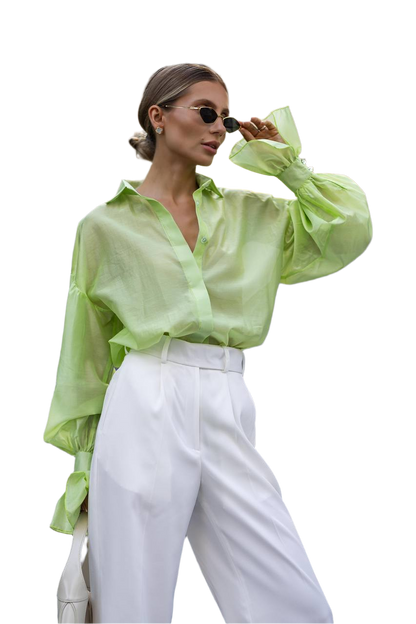 Loose Fit Green Tencel Polyester Women's Shirt