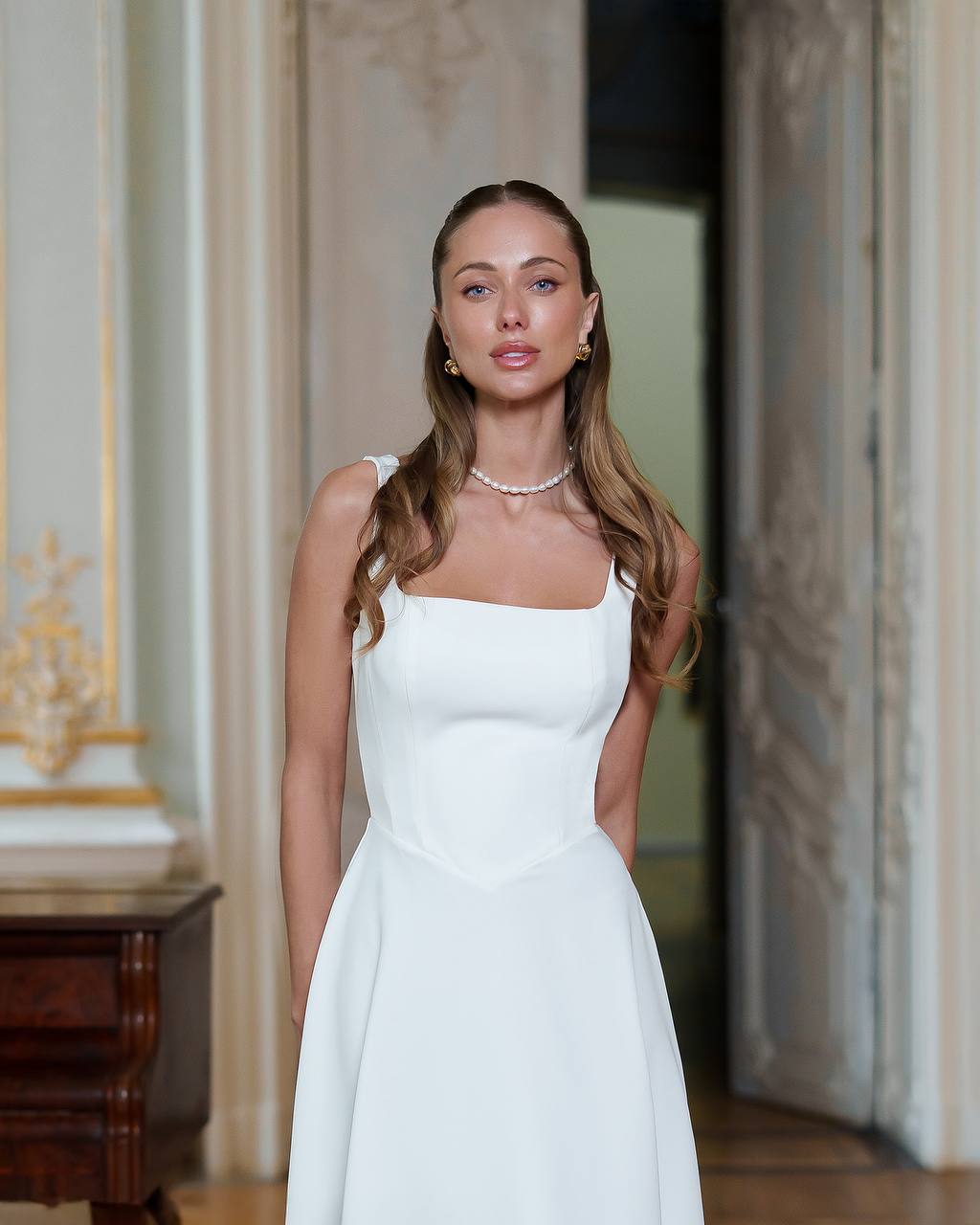 Elegant White Midi Dress Premium Suit Crepe-Diagonal