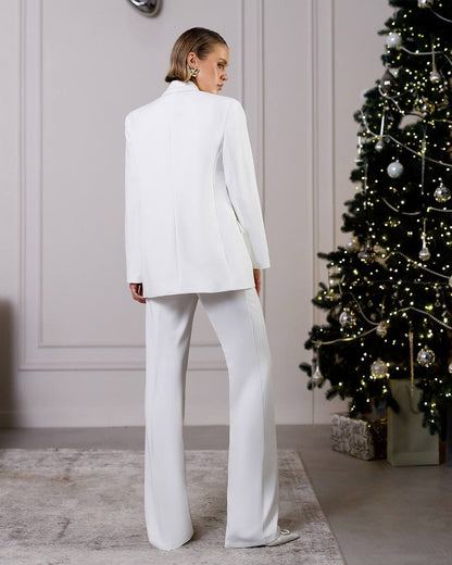 Womens White Three Piece Suit Premium Crepe Diagonal Fabric