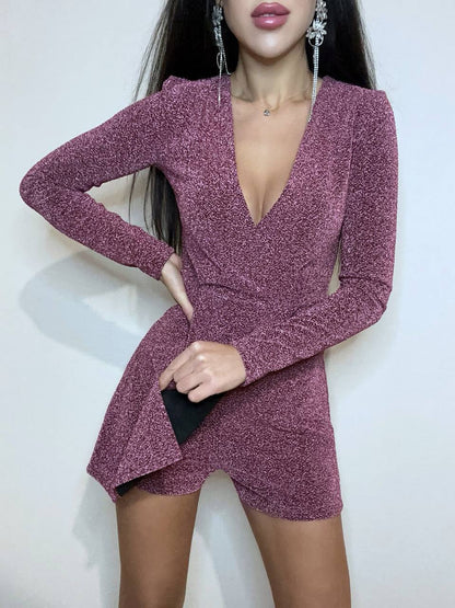 Mauve glittery dress worn by a model on a white background