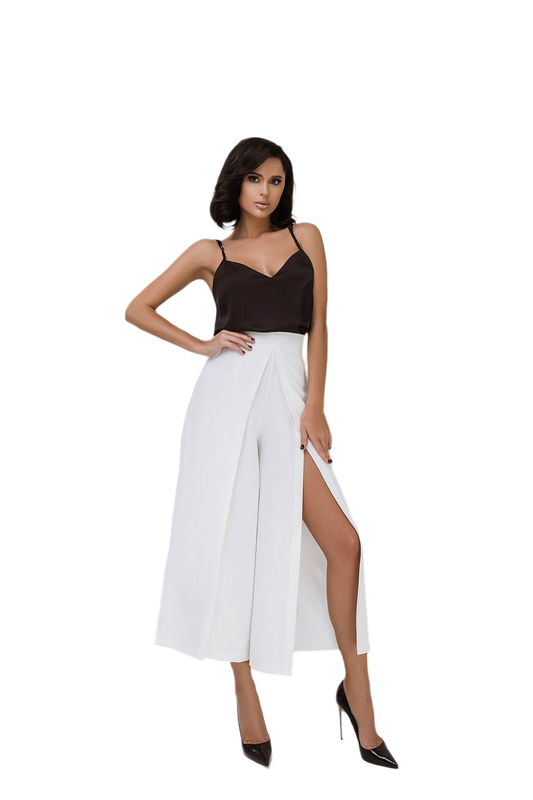 Womens White Diagonal Crepe Culottes Wide Leg with Front Slit