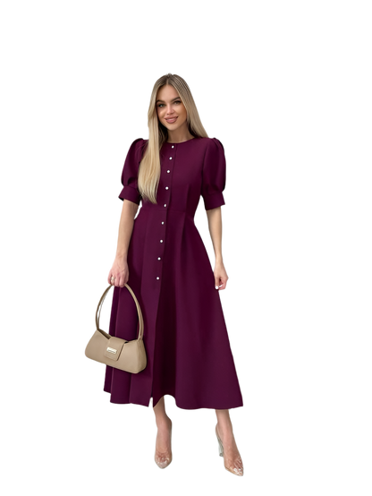 Elegant Burgundy Midi Dress with Puff Sleeves and Button Front