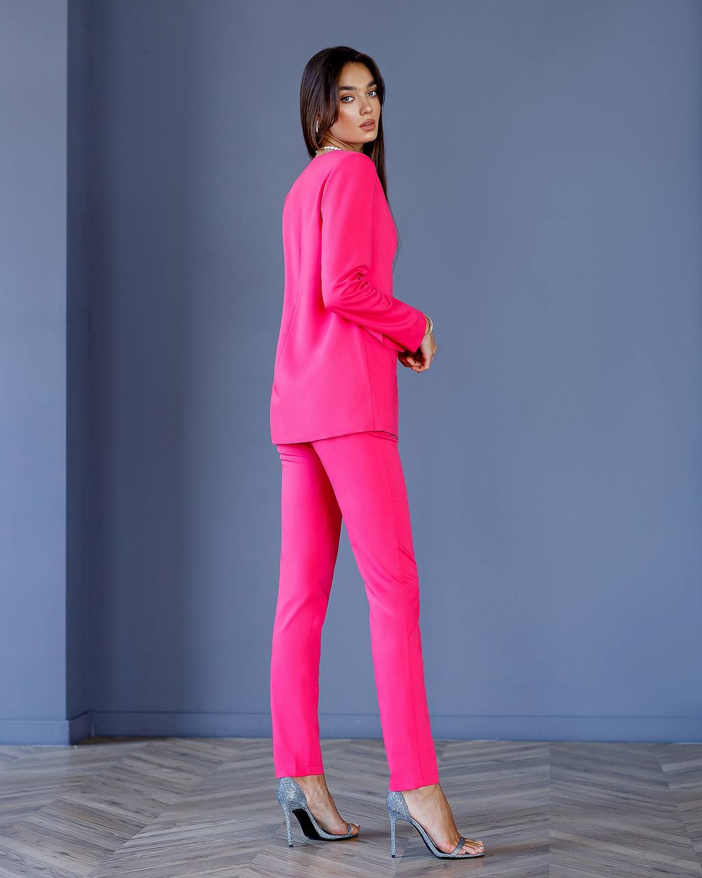 Womens Collarless Suit Jacket with Matching Pants in Raspberry