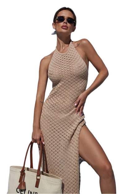 Paula Beach Dress for Women 100% Cotton Knitted Long Halter Neck with Side Slit