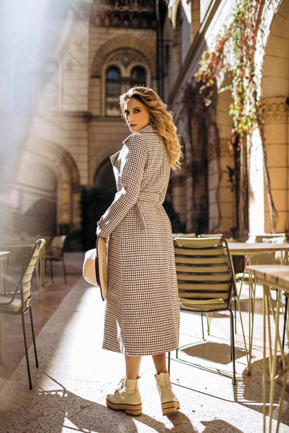 Womens Turkish Fabric Houndstooth Pattern Long Coat with Belt