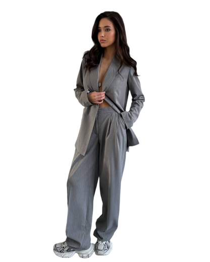 Womens Gray Pinstripe Crepe Suit Blazer and Wide Leg Pants
