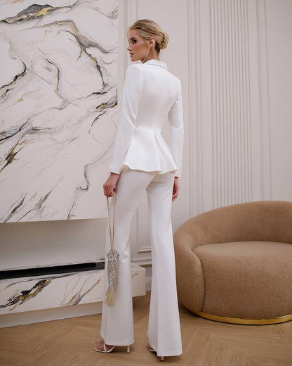 Elegant Premium Diagonal Crepe Women's Suit in White with Peplum Jacket and Flared Pants