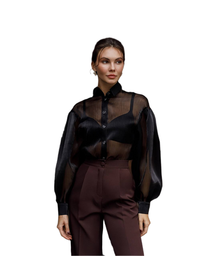 Elegant Women's Sheer Organza Blouse with Pleated Black and Smooth Milk Bases