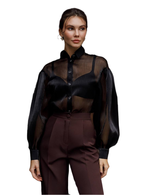 Elegant Women's Sheer Organza Blouse with Pleated Black and Smooth Milk Bases