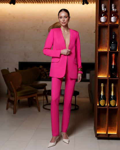 Womens Collarless Suit Jacket with Matching Pants in Raspberry