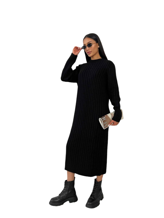Seamless Knitted Black Dress for Women Long Sleeve