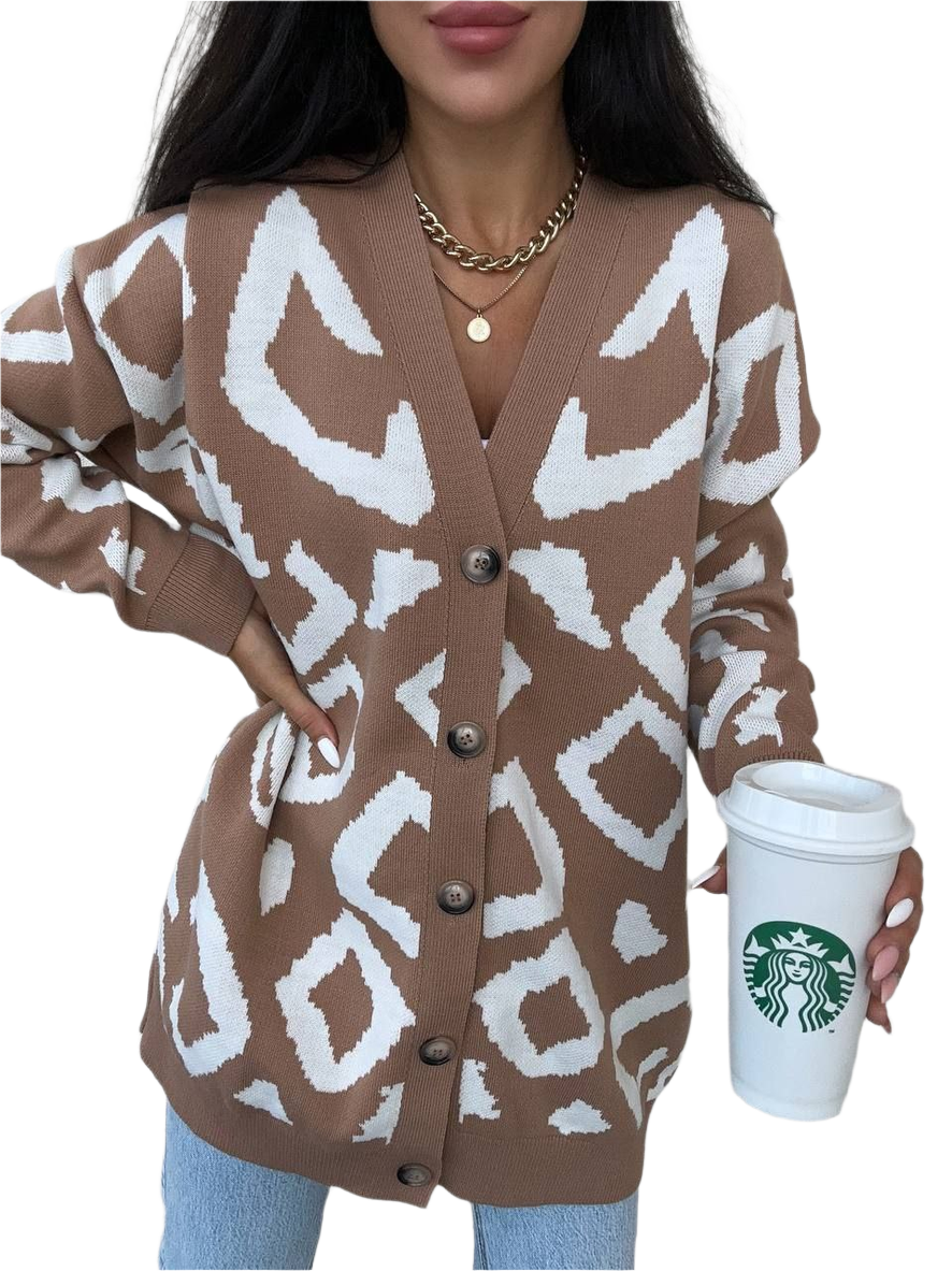 Womens Brown White Patterned Cardigan Leo Button Front