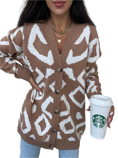 Womens Brown White Patterned Cardigan Leo Button Front