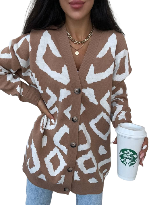Womens Brown White Patterned Cardigan Leo Button Front