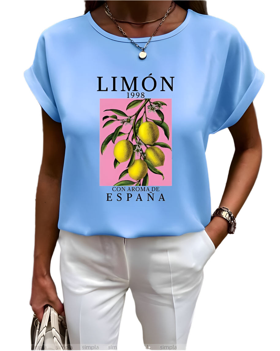 Light Blue Women's Blouse with Lemon Print Soft Fabric