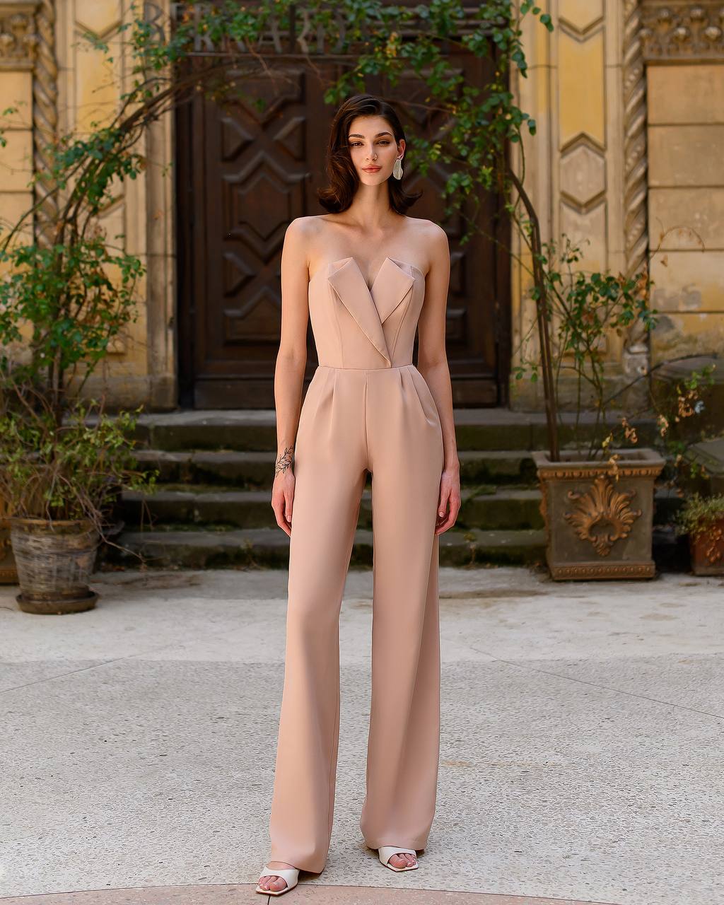 Elegant Bridal Wedding Bridesmaid Prom Graduation Corset Jumpsuit Wide Leg Palazzo Pants Courthouse Wedding with Built In Straps Sexy Chic Dinner Outfit