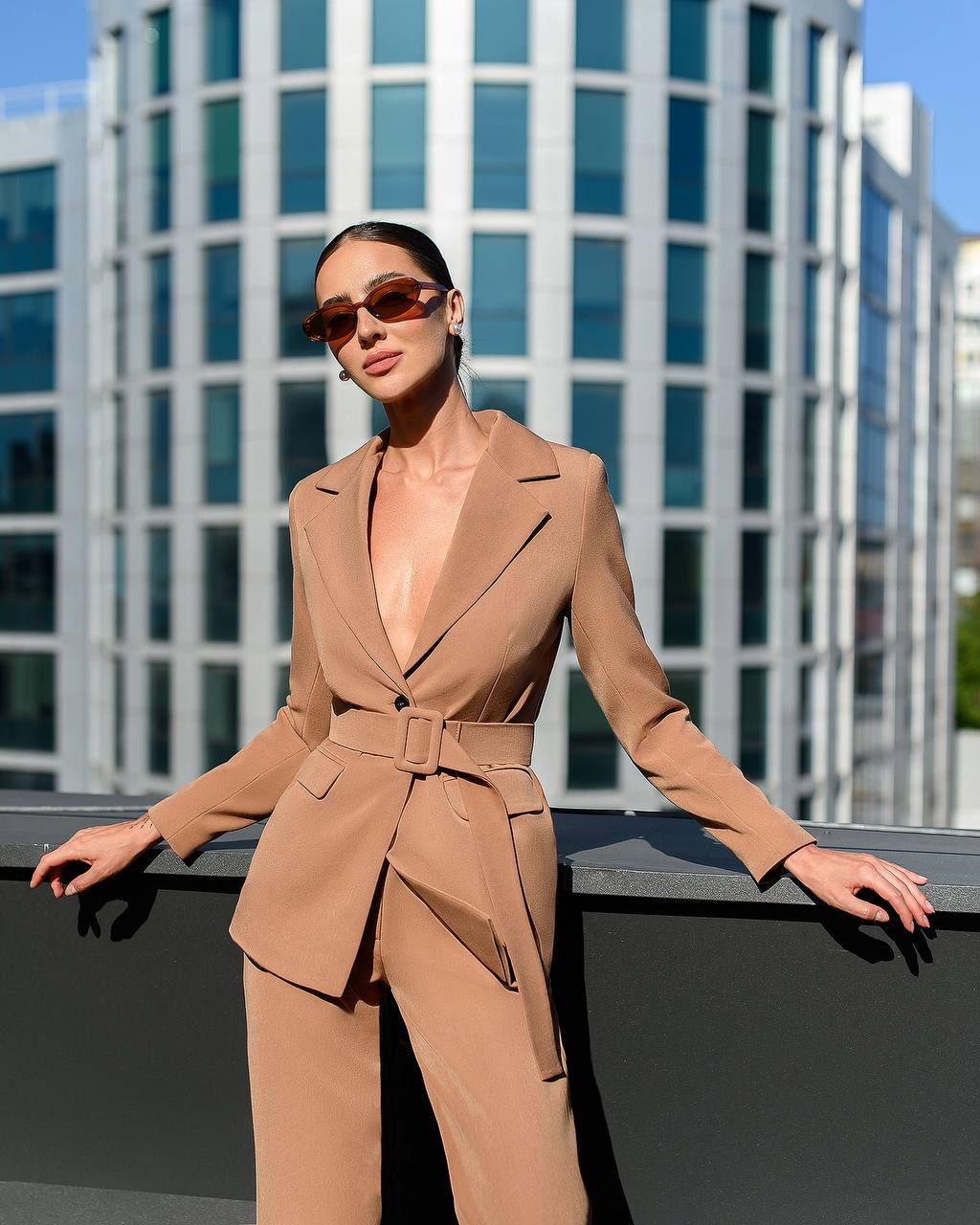 Stylish Beige Suit Set with Belted Jacket and Wide Leg Pants