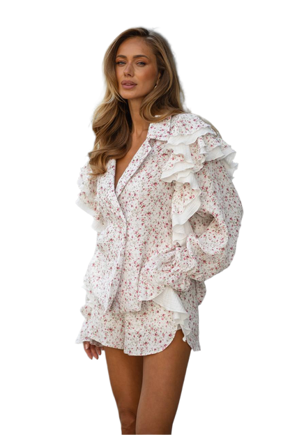 Muslin Women's Two-Piece Shirt and Shorts Suit with Ruffled Sleeves