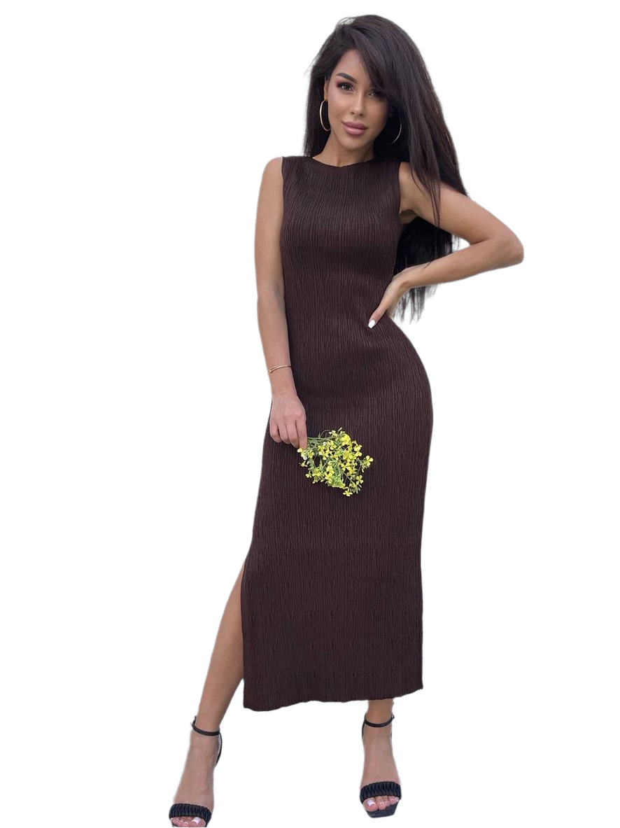 Women Elegant Brown Sleeveless Midi Dress with Side Slit