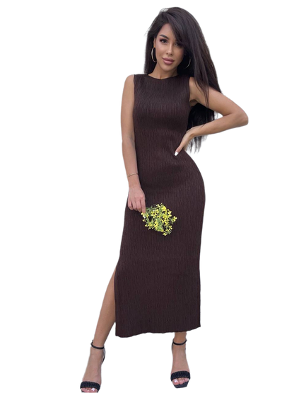 Women Elegant Brown Sleeveless Midi Dress with Side Slit