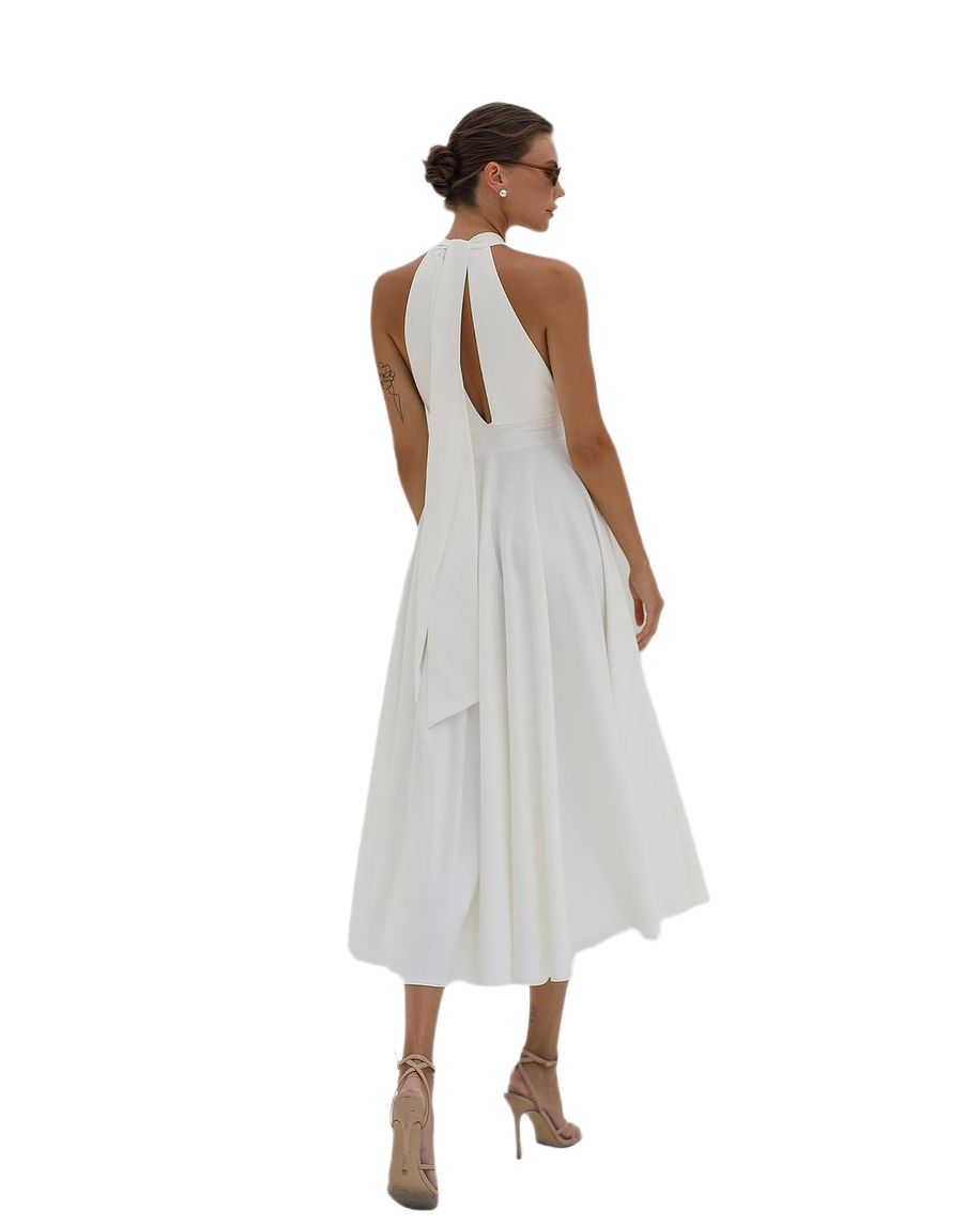 Elegant White Midi Dress for Women Premium Crepe Diagonal Fabric