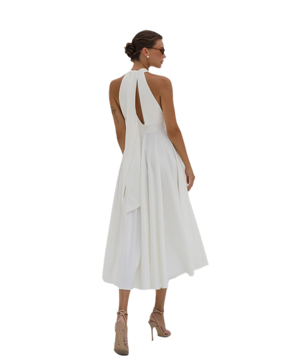 Elegant White Midi Dress for Women Premium Crepe Diagonal Fabric