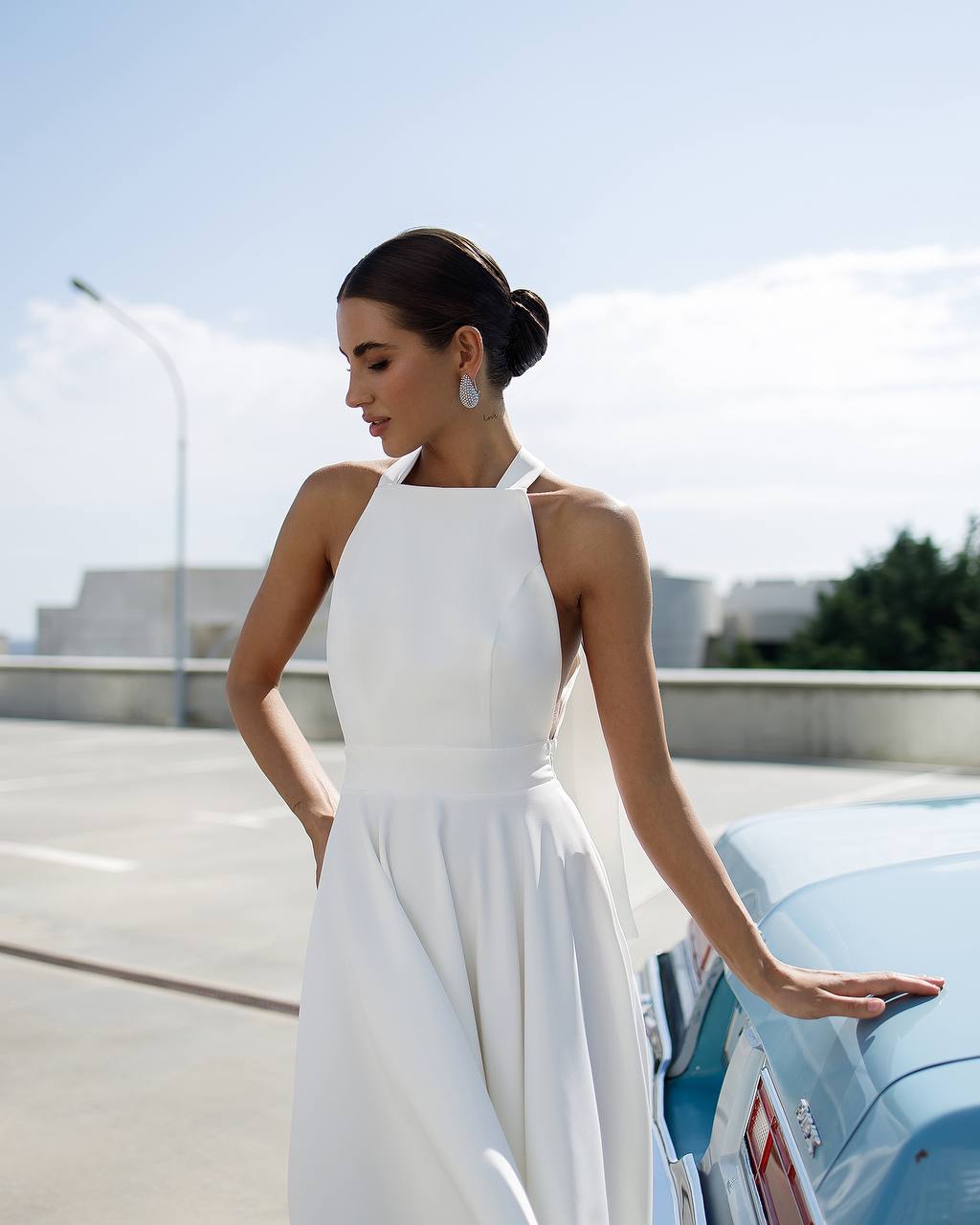 Elegant White Midi Dress for Women Premium Crepe Diagonal Fabric