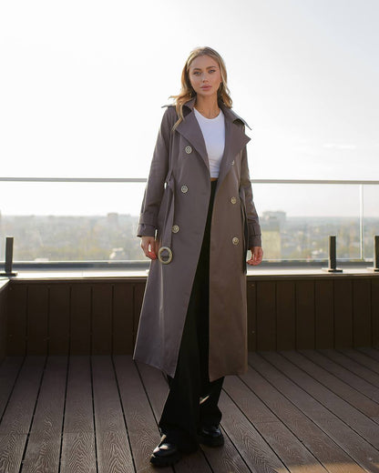 Stylish Cotton Trench Coat with Pockets and Belted Waist for Chic Fall Look