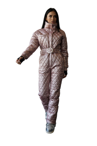 Quilted Overall High Collar Rose Metallic Water Repellent Puffer Ski Jumpsuit