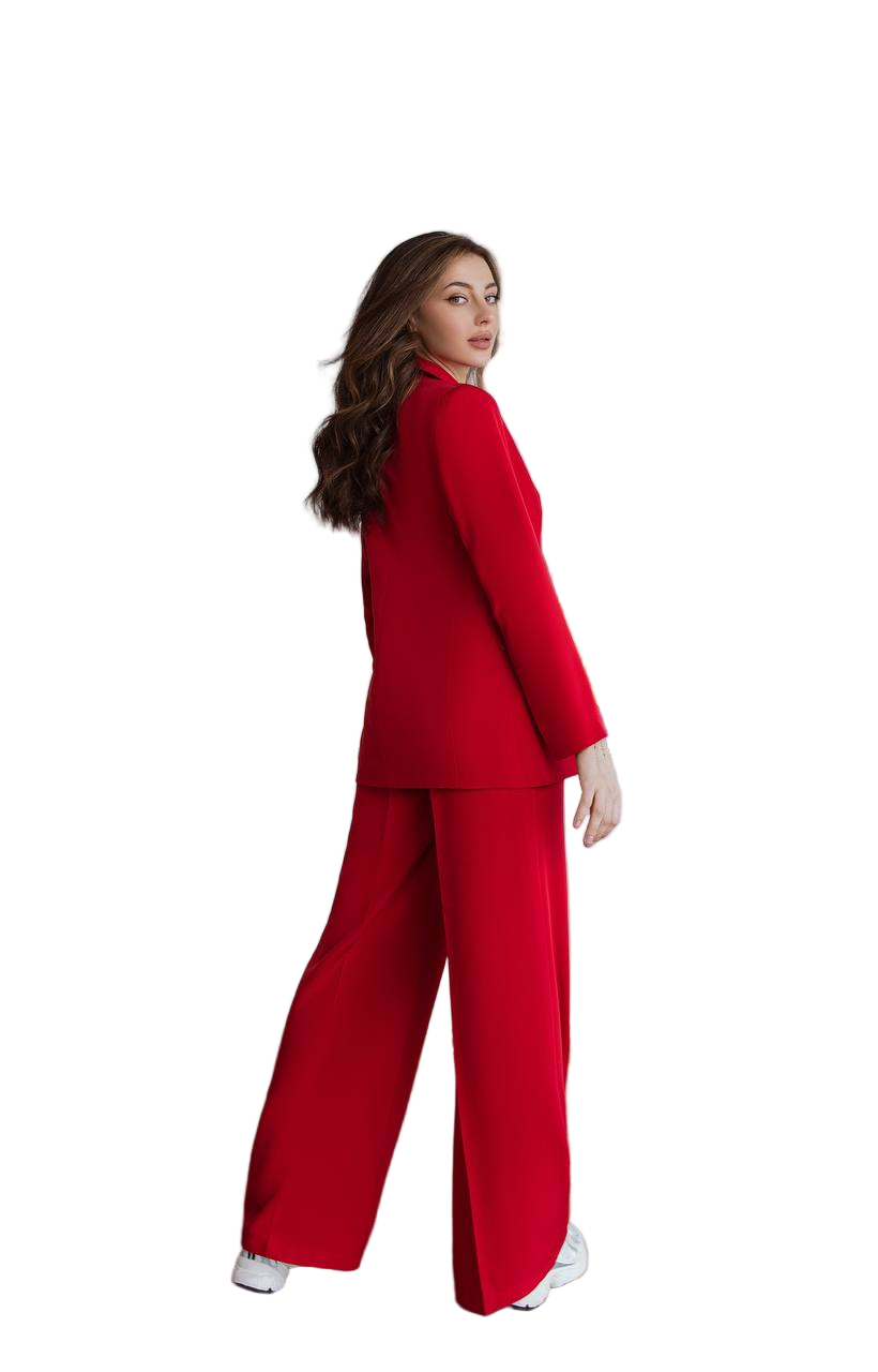 Red Diagonal Crepe Palazzo Suit Women Tailored Blazer Wide Leg Pants