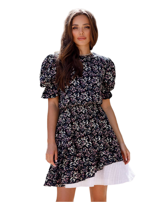 Floral Puff Sleeve Dress with White Cotton Insert