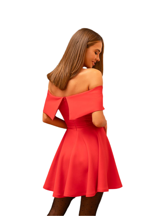 Woman wearing a red off-shoulder dress on a white background