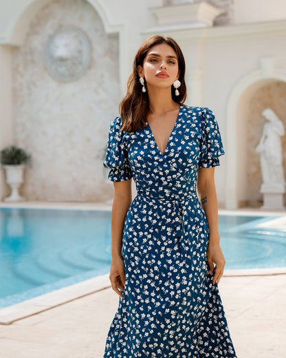 Elegant Blue Floral Midi Dress with Puff Sleeves