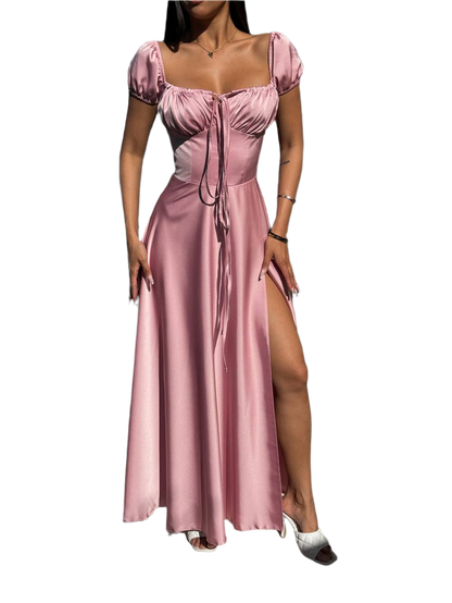 Elegant Pink Satin Evening Dress with Puff Sleeves and Slit