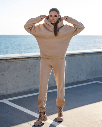 Womens Beige Lux Triple-Knit Fleece Suit with Double-Layered Hood
