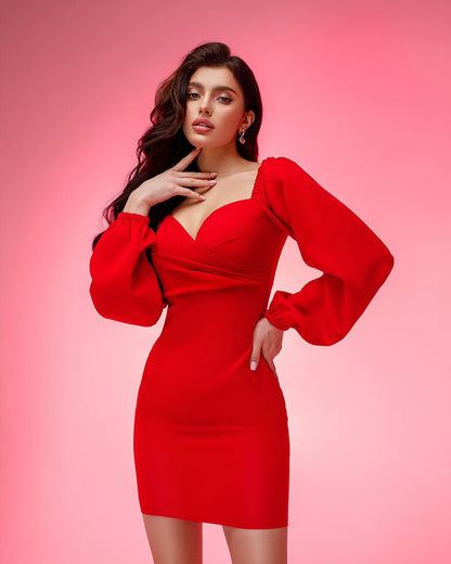 Red Mini Dress with Long Puff Sleeves and Sweetheart Neckline