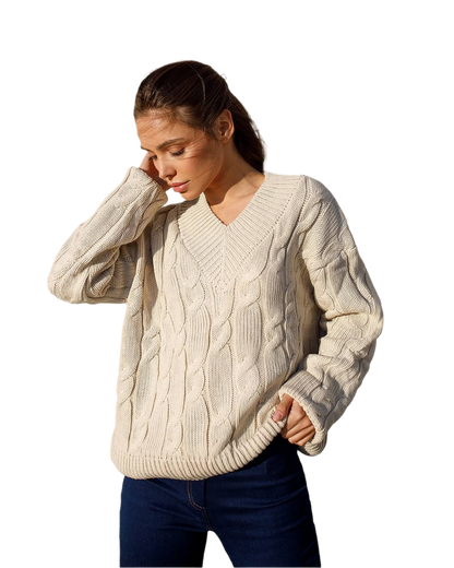 Womens Cable Knit V Neck Sweater Oversized Chunky Pullover