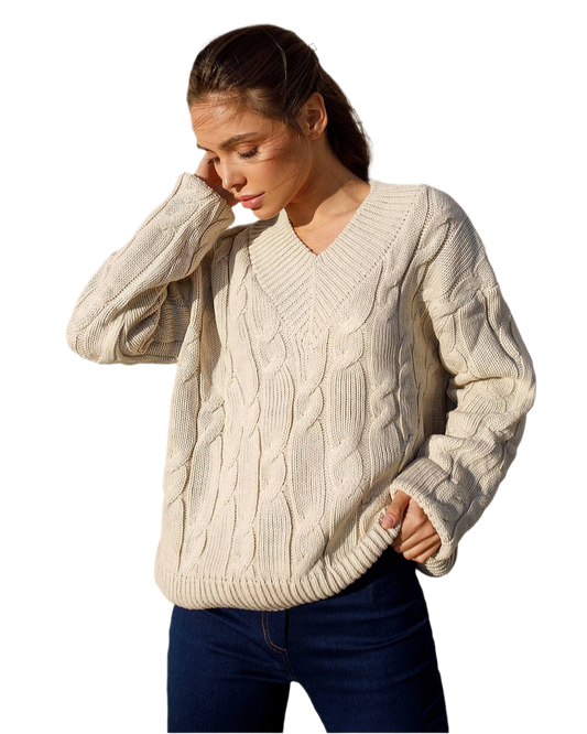 Womens Cable Knit V Neck Sweater Oversized Chunky Pullover