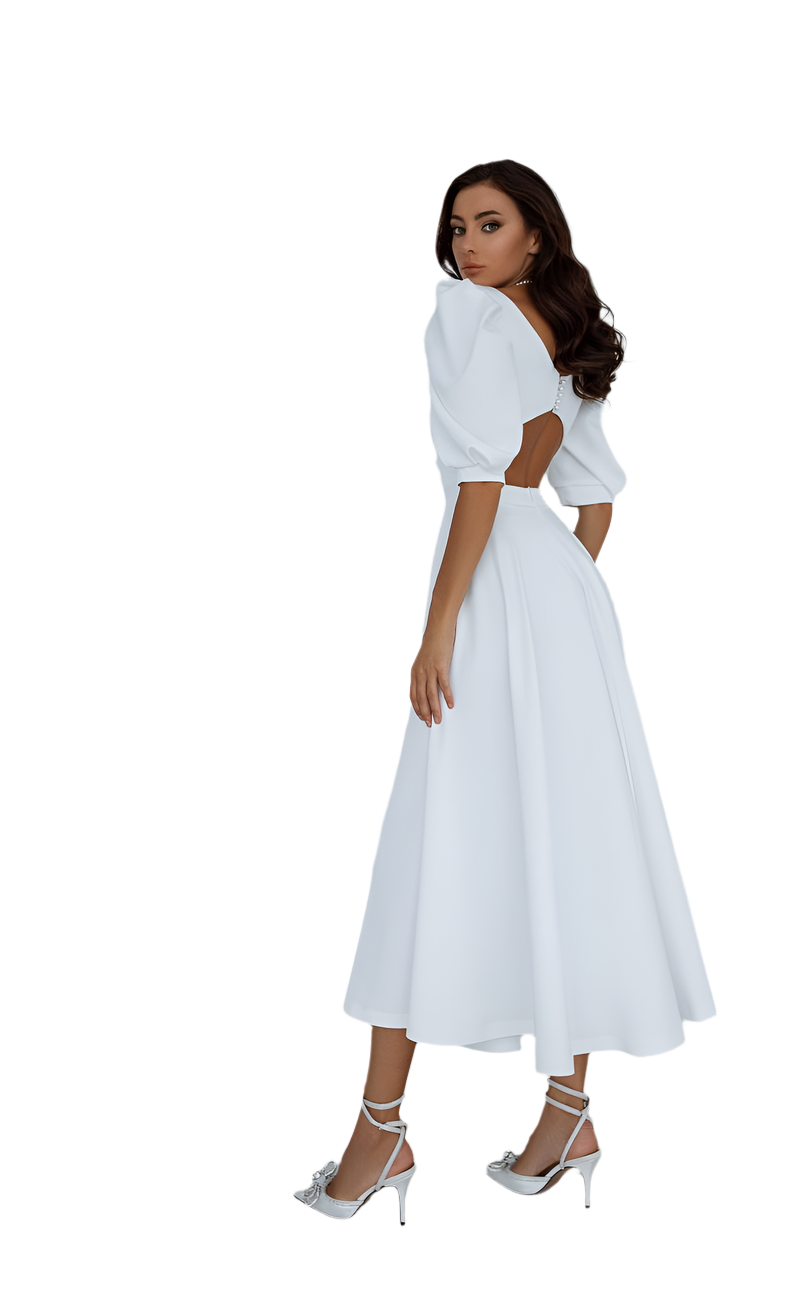 Elegant White Midi Dress with Puff Sleeves and Open Back