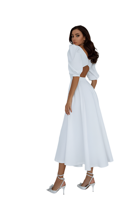 Elegant White Midi Dress with Puff Sleeves and Open Back