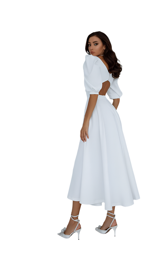 Elegant White Midi Dress with Puff Sleeves and Open Back