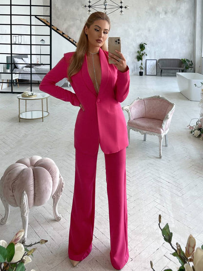 Womens Pink Suit with Lined Blazer and Flared Pants