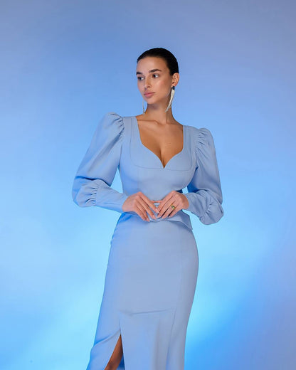 Elegant Midi Dress with Puff Long Sleeves and Belt in Premium Suit Crepe