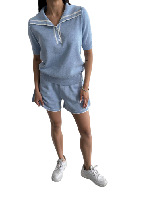 Loren Shorts Suit Women Light Blue Cotton Two-Piece Set