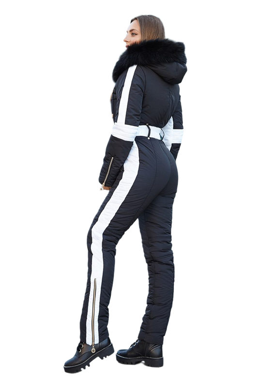 Stylish Women's Winter Ski Jumpsuit with Natural Fox Fur Hood and Moisture-Repellent Matte Fabric