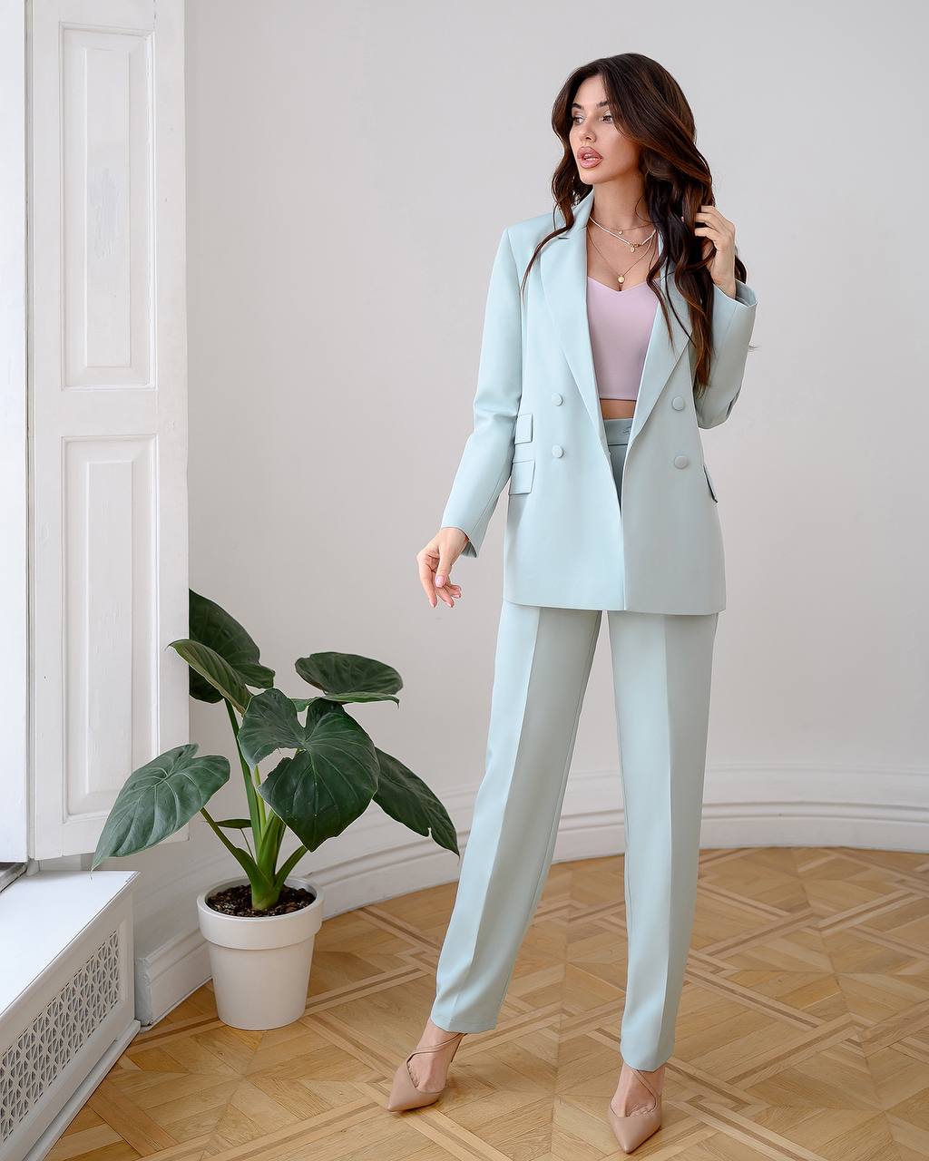 Luxury Diagonal Suiting Crepe Women's Suit in Blue