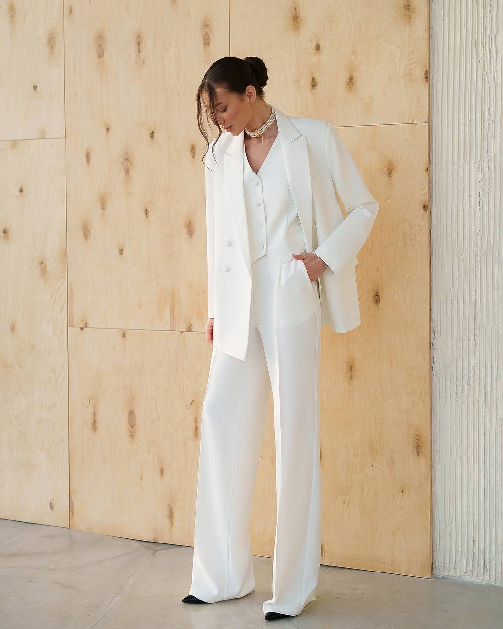 Womens White Three Piece Suit Premium Crepe Diagonal Fabric