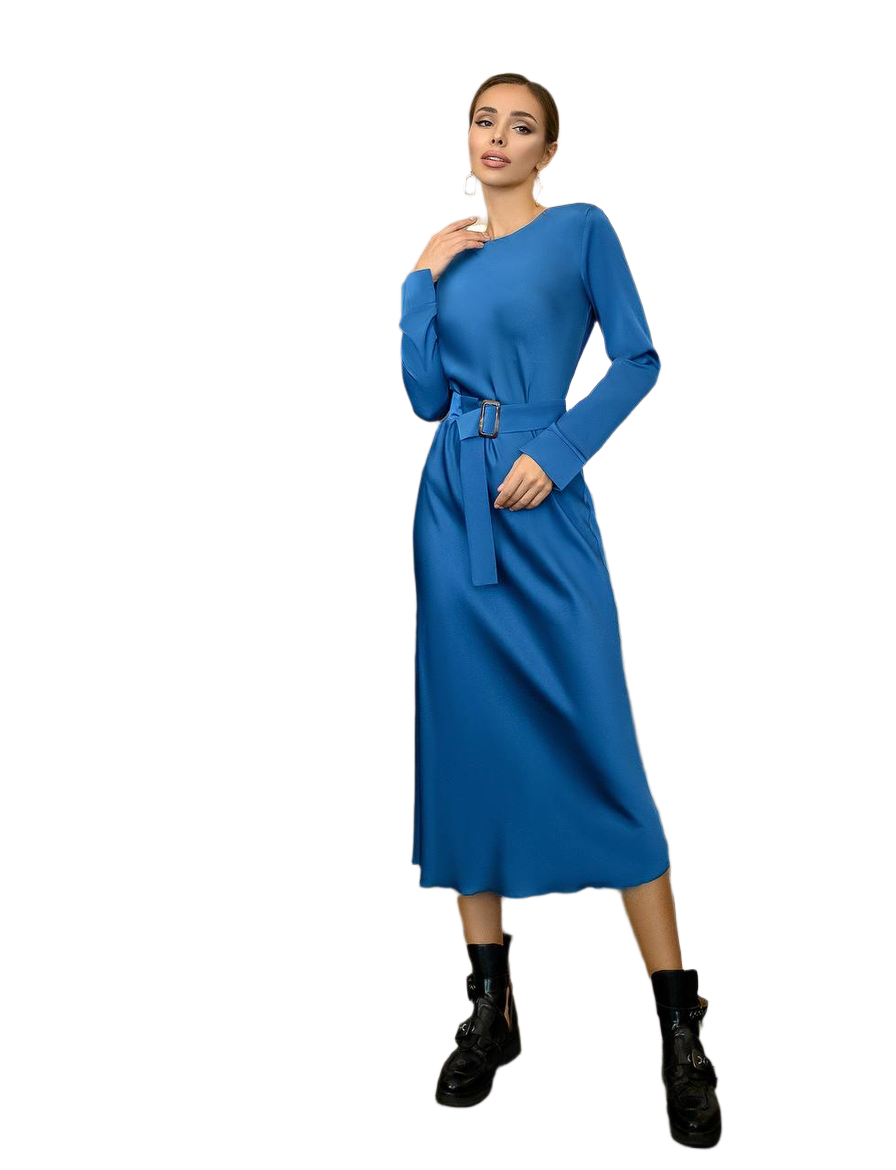Elegant Blue Silk Dress with Belt for Special Occasions