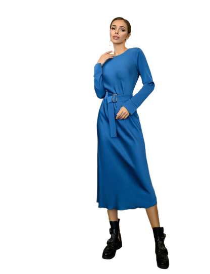 Elegant Blue Silk Dress with Belt for Special Occasions
